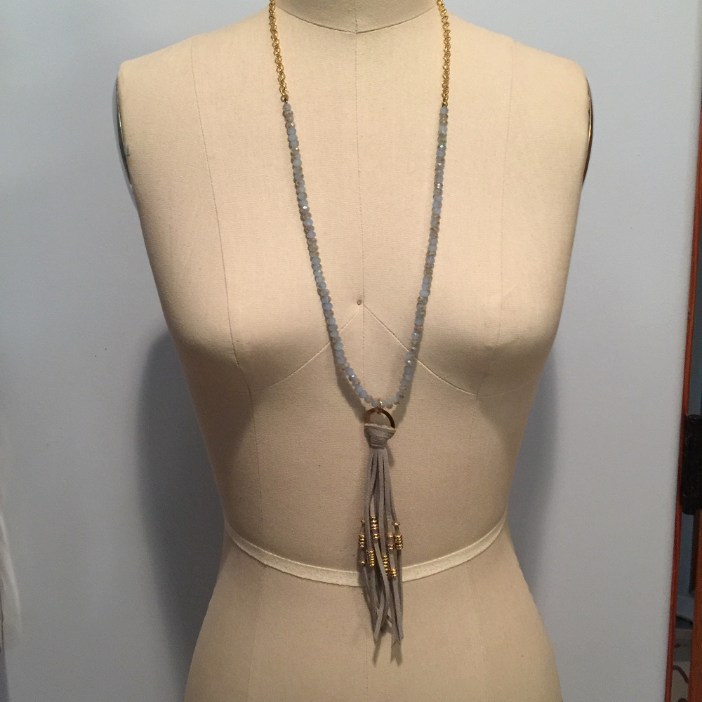 Long beaded tassel necklace grey blue